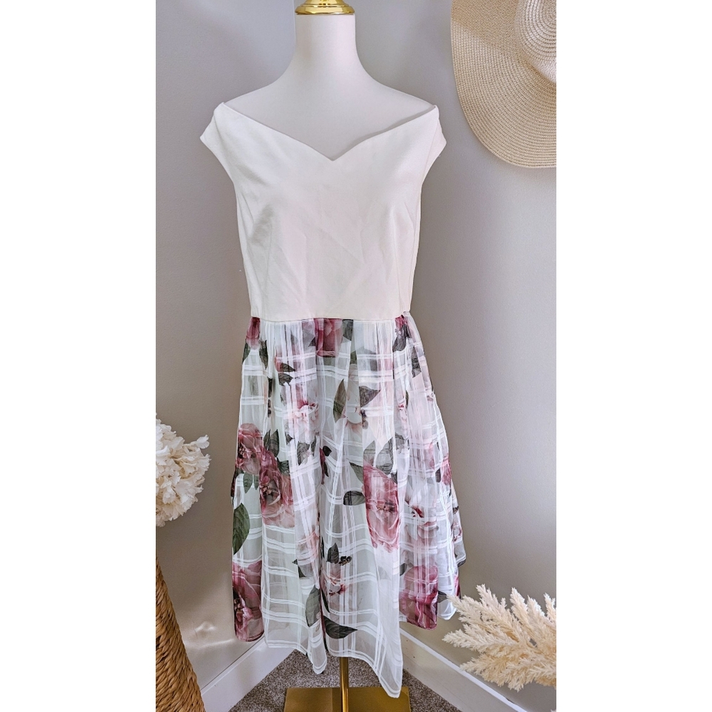 Ted Baker White & Floral Print Skirt Off Shoulder Fit & Flare Dress